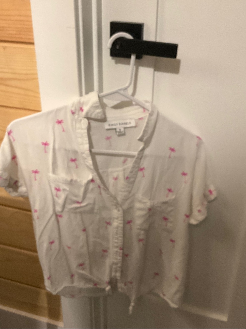 Enzo Angiolini White Button-Front Short Sleeve Top with Pink Palm Print